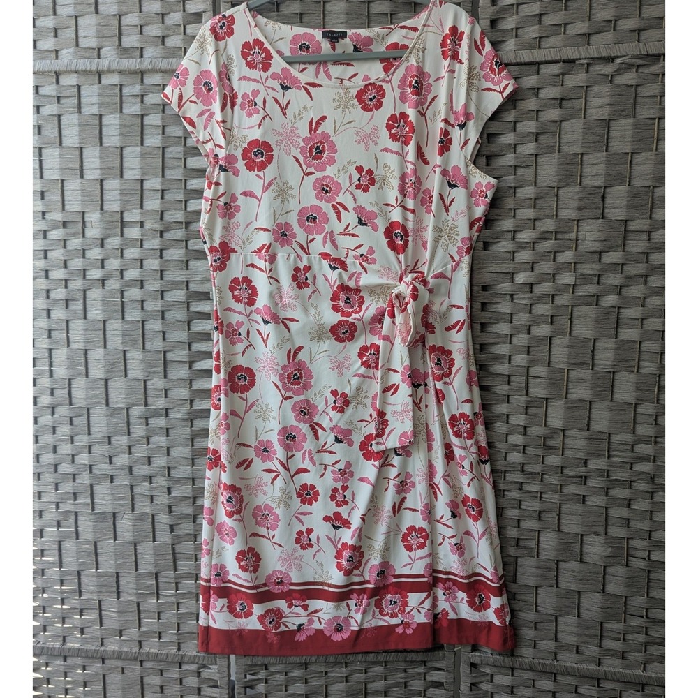 Talbots Knee Length Dress White Pink Red Floral Side Tie Cap Sleeve XL